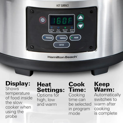 Hamilton Beach slow cooker control panel with digital display, temp probe, and programmable settings for cooking and keep warm