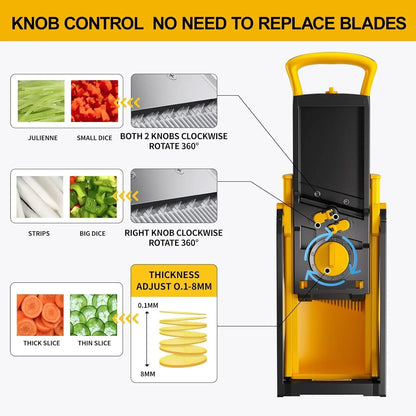 Adjustable vegetable slicer with knob control for julienne, dice, strips, and thin to thick slices, no blade replacement needed