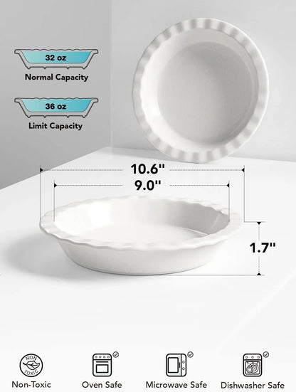 Ceramic Pie Pans for Baking, 9 Inches Pie Plate for Apple Pie, round Baking Dish, 36 Ounce Fluted Dish Pie Pan, Set of 2, White