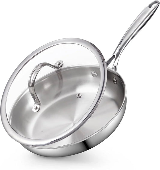 Stainless Steel Frying Pan with Lid, 8-Inch Multi-Ply Clad Wok Stir Fry Pan, Kitchen Skillet, Silver