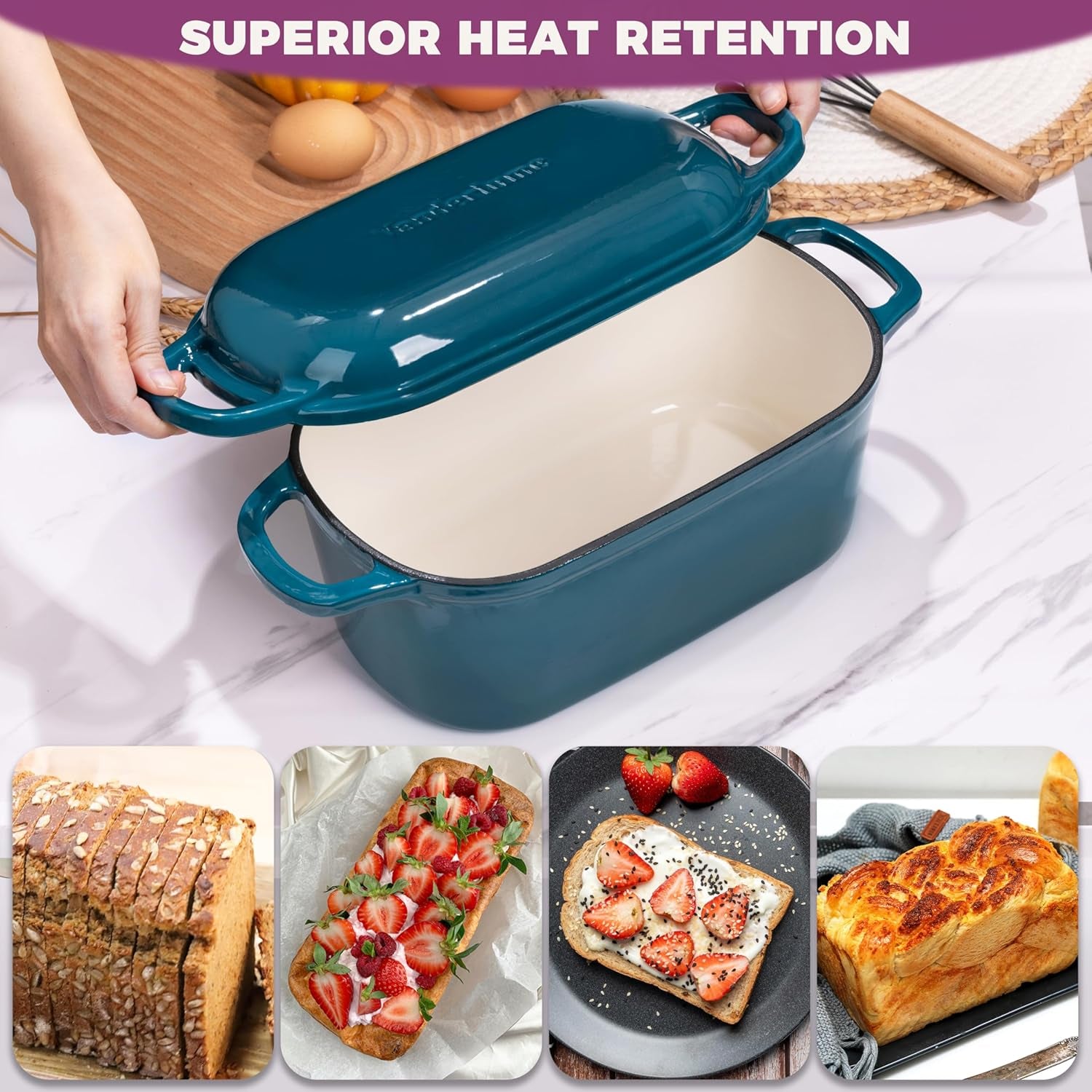 4.6-Quart Oval Dutch Oven for Bread Baking, 2 in 1 Enameled Cast Iron Bread Pan with Lid, Sourdough Bread Dutch Oven for a Crispy Crust, Teal
