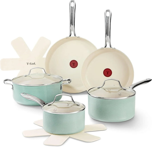 Inspire Nonstick Ceramic Cookware Set, 10-Piece, Oven Safe to 500°F, Stockpot, Ceramic Pots and Pans Set, Frying Pans, Saucepans, Stockpot, Protectors, Mint Green