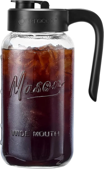Mason Jar Pitcher - Airtight & Leakproof Glass Pitcher with Lid, Perfect for Breastmilk, Cold Brew, and Sun Tea, 2 Quart (64 Oz) 1/2 Gallon Mason Jar with Pour Spout Lid