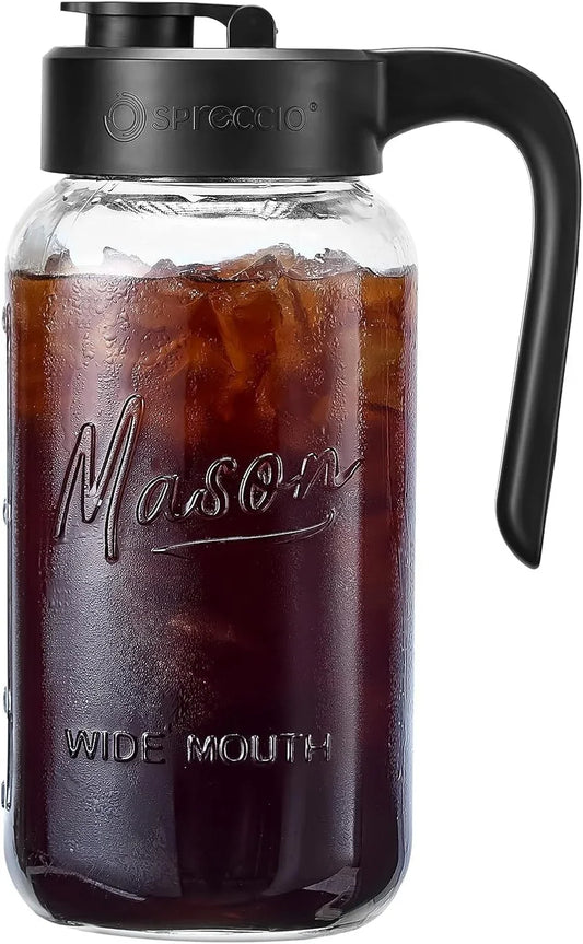 Mason Jar Pitcher - Airtight & Leakproof Glass Pitcher with Lid, Perfect for Breastmilk, Cold Brew, and Sun Tea, 2 Quart (64 Oz) 1/2 Gallon Mason Jar with Pour Spout Lid
