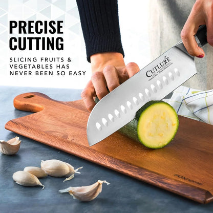 Santoku Knife – 7" Chopping Knife, Meat and Vegetable Knife – Forged High Carbon German Steel – Sheath Included – Full Tang & Razor Sharp – Ergonomic Handle Design – Artisan Series