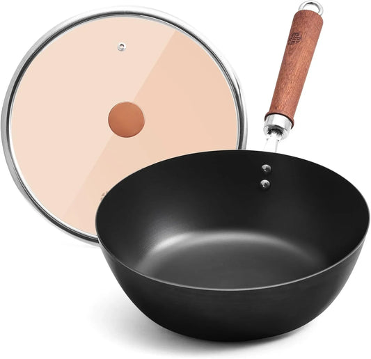 Small Carbon Steel Wok with Glass Lid (10.24"), 10 Inch Compact Stir Fry Pan for One Person, Thickened Deep Iron Skillet for Induction & Electric Stove, Flat Bottom Nitrided Wok, Black