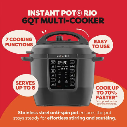 6QT RIO 7-In-1 Multi-Cooker, Pressure Cooker, Slow Cook, Sauté, Steam, Rice Maker, Yogurt, & Warmer, Black, 6 Quarts