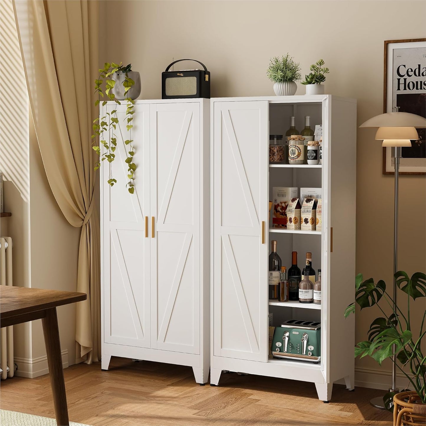 61" Metal Pantry Cabinet with Adjustable Shelves, White Storage Cabinet with Doors and Shelves, Sturdy Freestanding Cupboard for Kitchen Pantry, Bathroom Storage, Living Room & Office