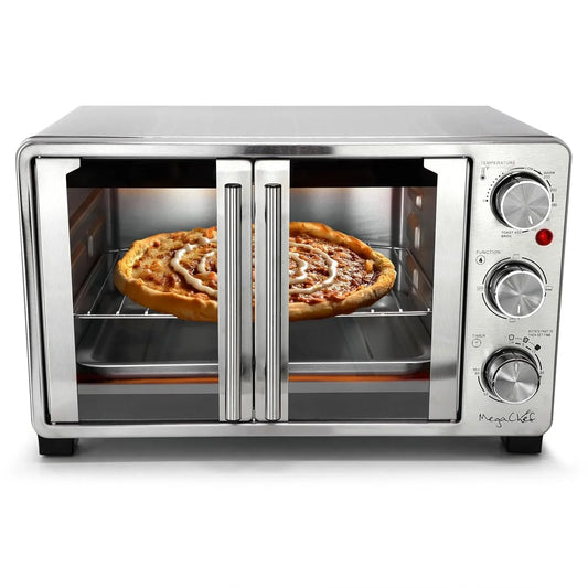 26.4 Quart French Door Multi-Function Stainless Steel Electric Toaster Oven with Temperature & Timer Control and Broil, Bake & Toast Functions