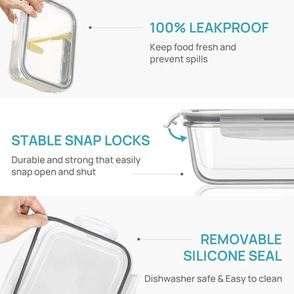 2Pack 1860Ml/63Oz Large Glass Storage Containers with Lids, Meal Prep Food Container Set with Snap Airtight Lid for Baking, Microwave, Oven, Leak Proof, for Freezer, Dishwasher, Grey