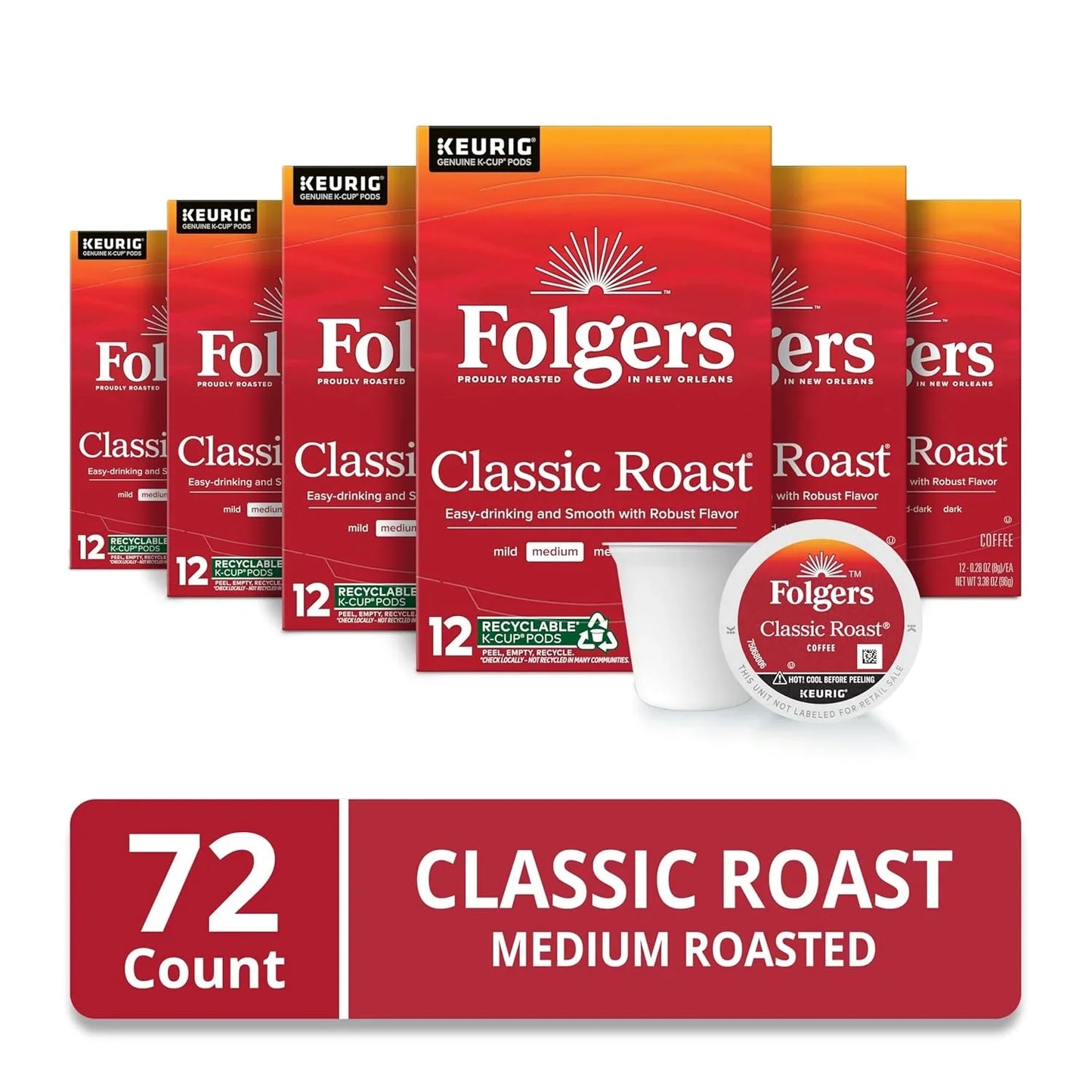 Classic Roast, Medium Roast Coffee, Keurig K-Cup Pods, 12 Count Boxes (Pack of 6)