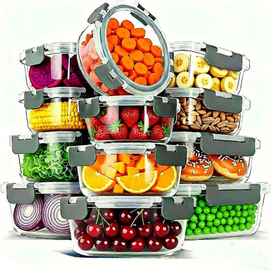 12 Pack Glass Food Storage Container Set with Lids Non Toxic, Stackable Borosilicate Glass Meal Prep Containers, Microwave, Oven, Freezer and Dishwasher Safe (Gray)