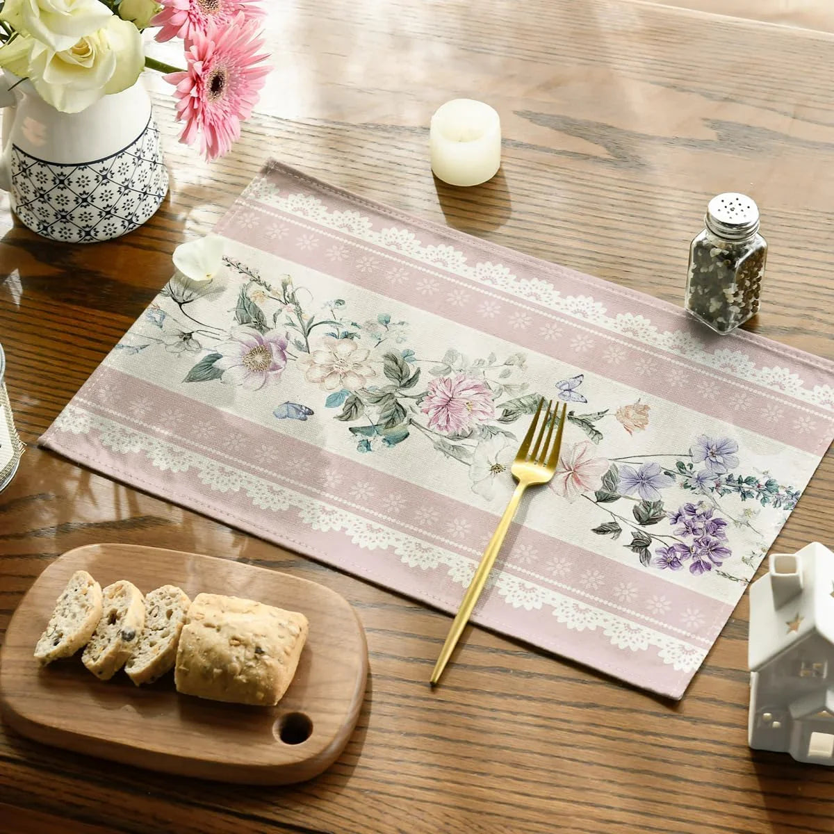Pink Printed Lace Floral Spring Placemats Set of 4, 12X18 Inch Seasonal Summer Holiday Table Mats for Party Kitchen Dining Decoration