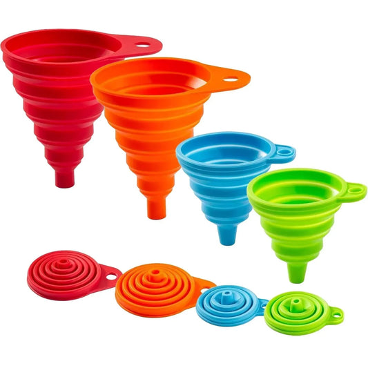 Collapsible silicone funnels in red, orange, blue, green for kitchen cooking and storage