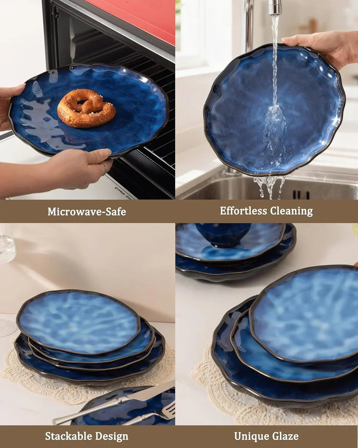 Blue ceramic plates with unique glaze, microwave-safe, stackable, and easy to clean for everyday kitchen use.