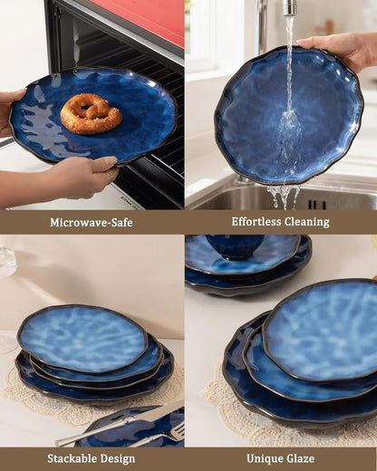 Blue ceramic plates with unique glaze, microwave-safe, stackable, and easy to clean for everyday kitchen use.