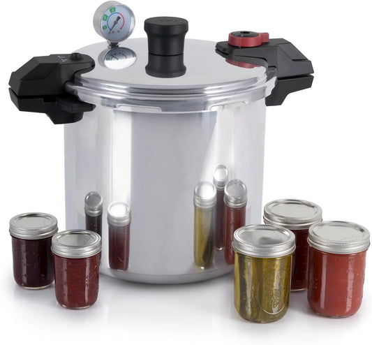 22-Quart Aluminum Pressure Canner, 3 PSI Settings, Home Canning, Includes Racks & Canning Guide, Large Capacity, Pressure & Water Bath Canning for Vegetables, Meats, Seafood & Fruits, Silver