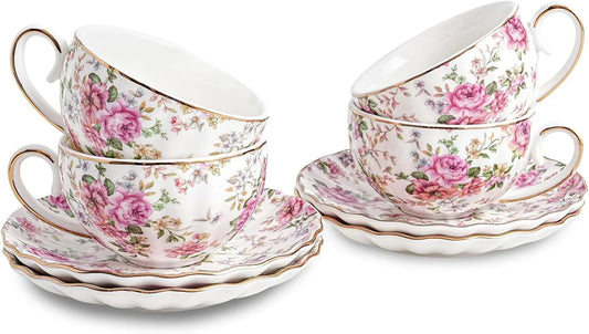 Tea Cup and Saucers, 6.4Oz Floral Tea Cups with Gold Trim, Porcelain Teacup, Coffee Cappuccino Espresso Latte Mugs for Party Birthday,Party Cafe Home, Christmas Gift (White)