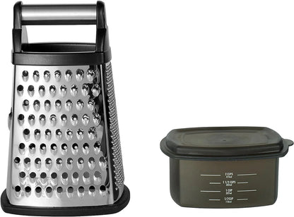 Gourmet 4-Sided Stainless Steel Box Grater for Fine, Medium and Coarse Grate, and Slicing, Detachable 3 Cup Storage Container and Measurment Markings, Dishwasher Safe, 10 Inches Tall, Black