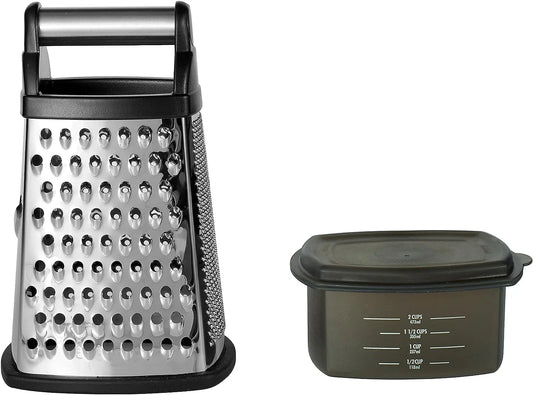 Gourmet 4-Sided Stainless Steel Box Grater for Fine, Medium and Coarse Grate, and Slicing, Detachable 3 Cup Storage Container and Measurment Markings, Dishwasher Safe, 10 Inches Tall, Black