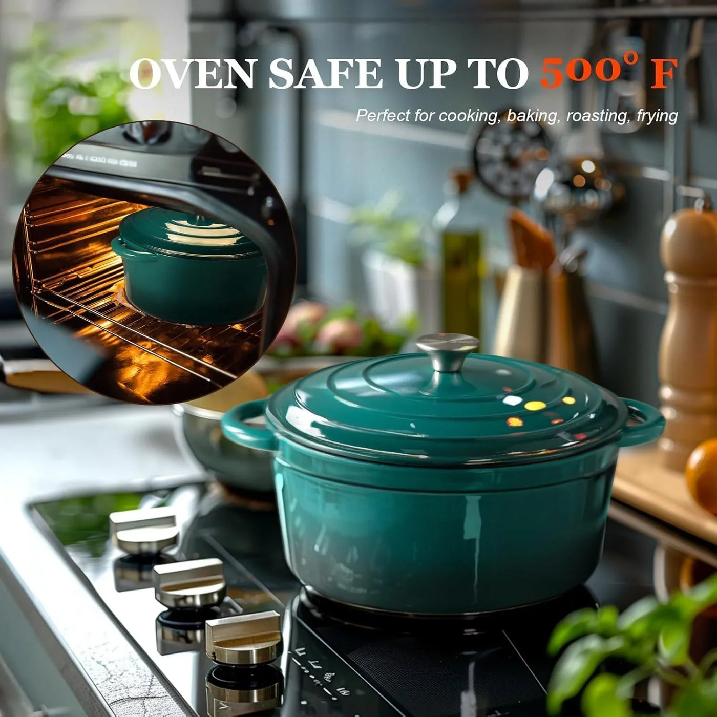 Enameled Cast Iron Dutch Oven - 5.5QT Pot with Lid Cookbook & Cotton Potholders - Heavy-Duty Cookware for Braising, Stews, Roasting, Sourdough Baking Bottle Green