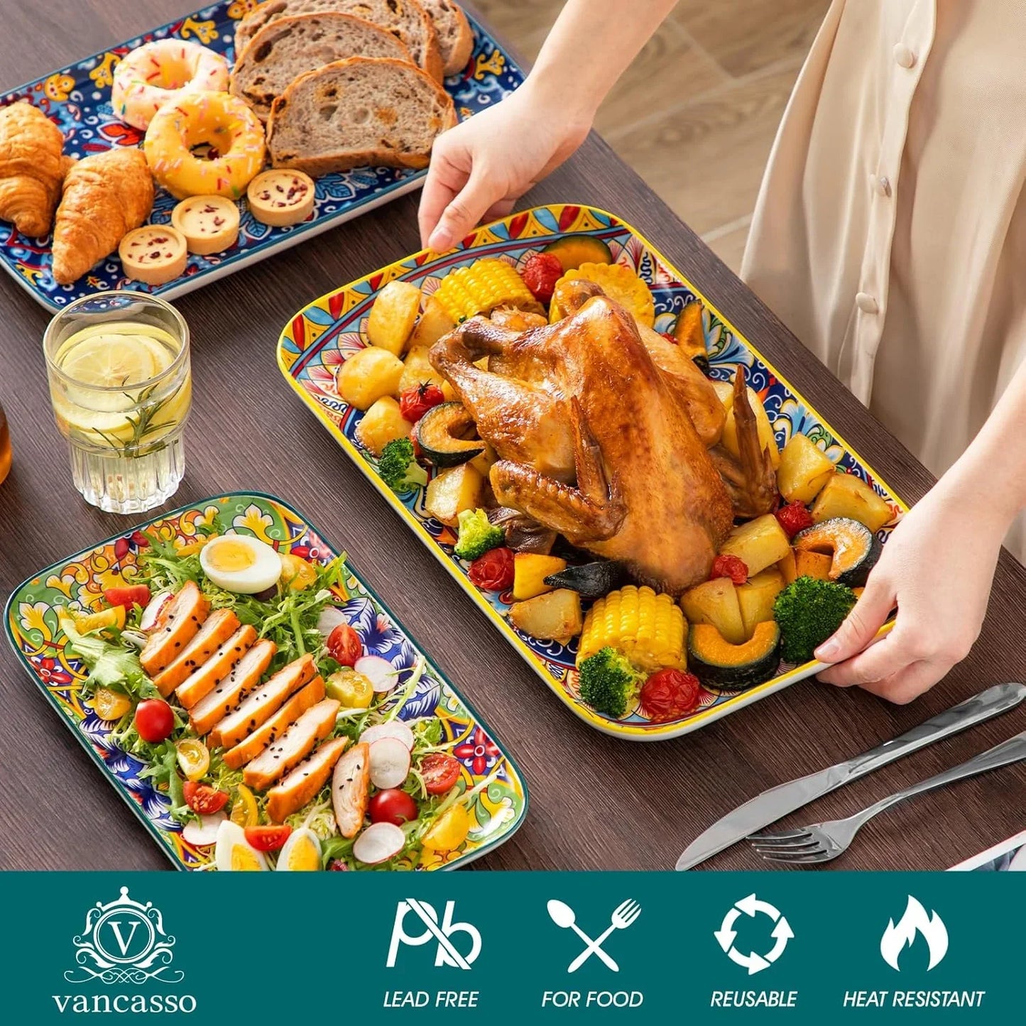 Serving Platters Set of 3, 16"/14"/12" Inch Rectangular Trays - Extra Large, Ceramic Bohemian Serving Dish for Entertaining Food, Microwave & Dishwasher Safe, Vintage