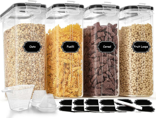 Cereal Containers Storage Set (4L / 135.2Oz), 4PCS Airtight Food Storage Containers with Lids, Cereal Dispensers for Kitchen Pantry Organization and Storage with Pour Spout, 20 Labels, Marker