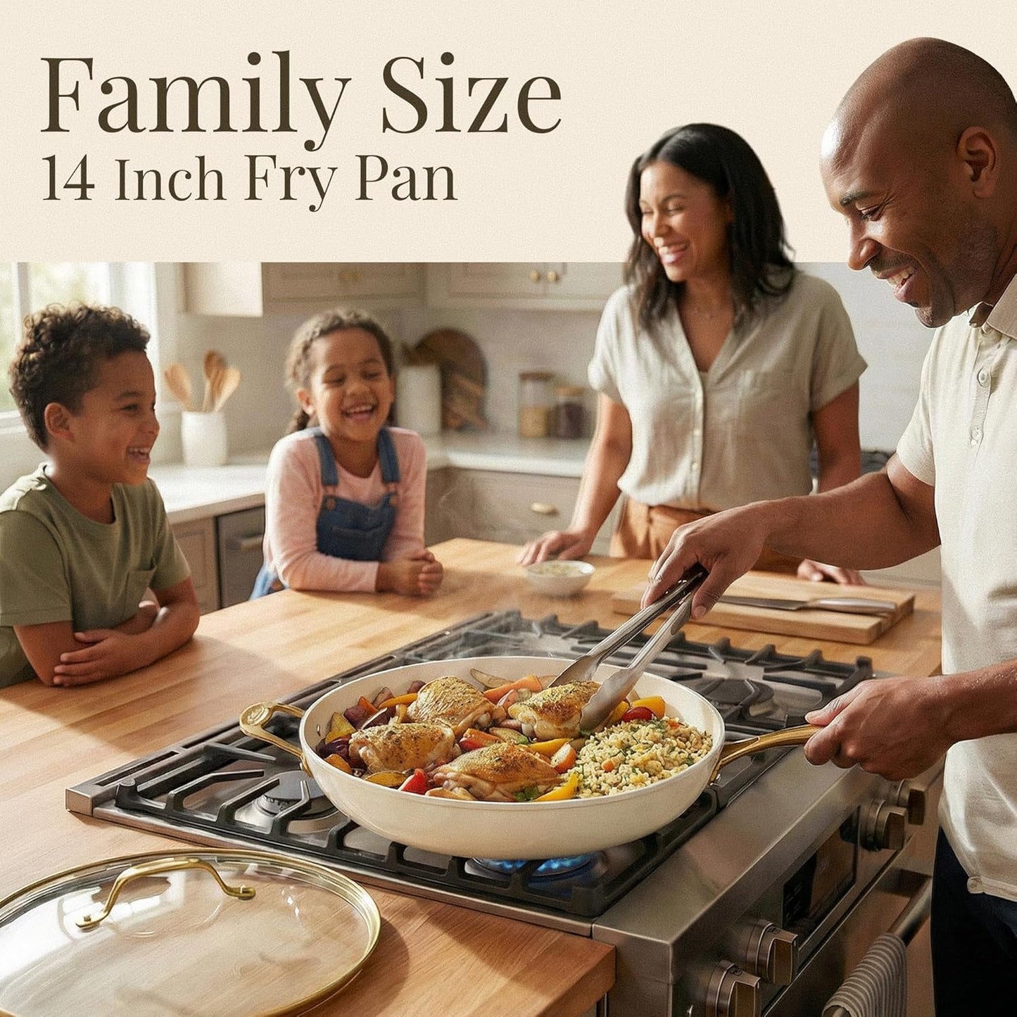 14 Inch Nonstick Frying Pan with Lid, Large Ceramic Skillet for Family, Non Toxic PFOA PFOS PFAS Free, Oven & Dishwasher Safe 500°F, Even Heat Distribution, Cream