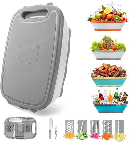 Camping Cutting Board, 9-In-1 Collapsible Chopping Board with Colander, Kitchen Vegetable Washing Basket for Camping, Camping Gifts Camping Accessories for RV Campers (Gray)