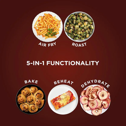 5-in-1 kitchen appliance: air fry, roast, bake, reheat, dehydrate foods like fries, veggies, cinnamon rolls, pizza, apple chips