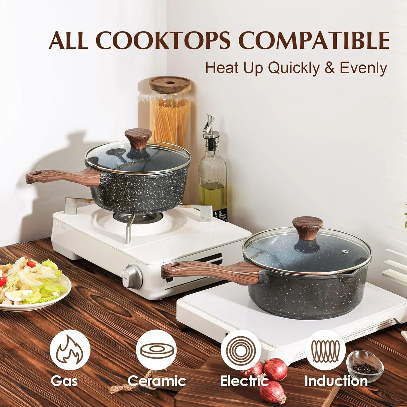 Nonstick Sauce Pan with Double Spout, 3.0 Quarts Swiss Granite Coating Sauce Pot with Lid Medium Kitchen Cooking Pot, Induction Comptable Saucepan, Free of Intentionally Added PFOA
