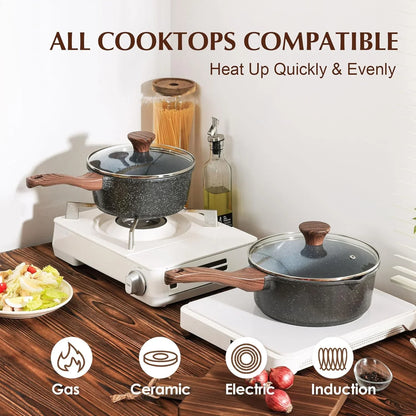 Nonstick Sauce Pan with Double Spout, 3.0 Quarts Swiss Granite Coating Sauce Pot with Lid Medium Kitchen Cooking Pot, Induction Comptable Saucepan, Free of Intentionally Added PFOA