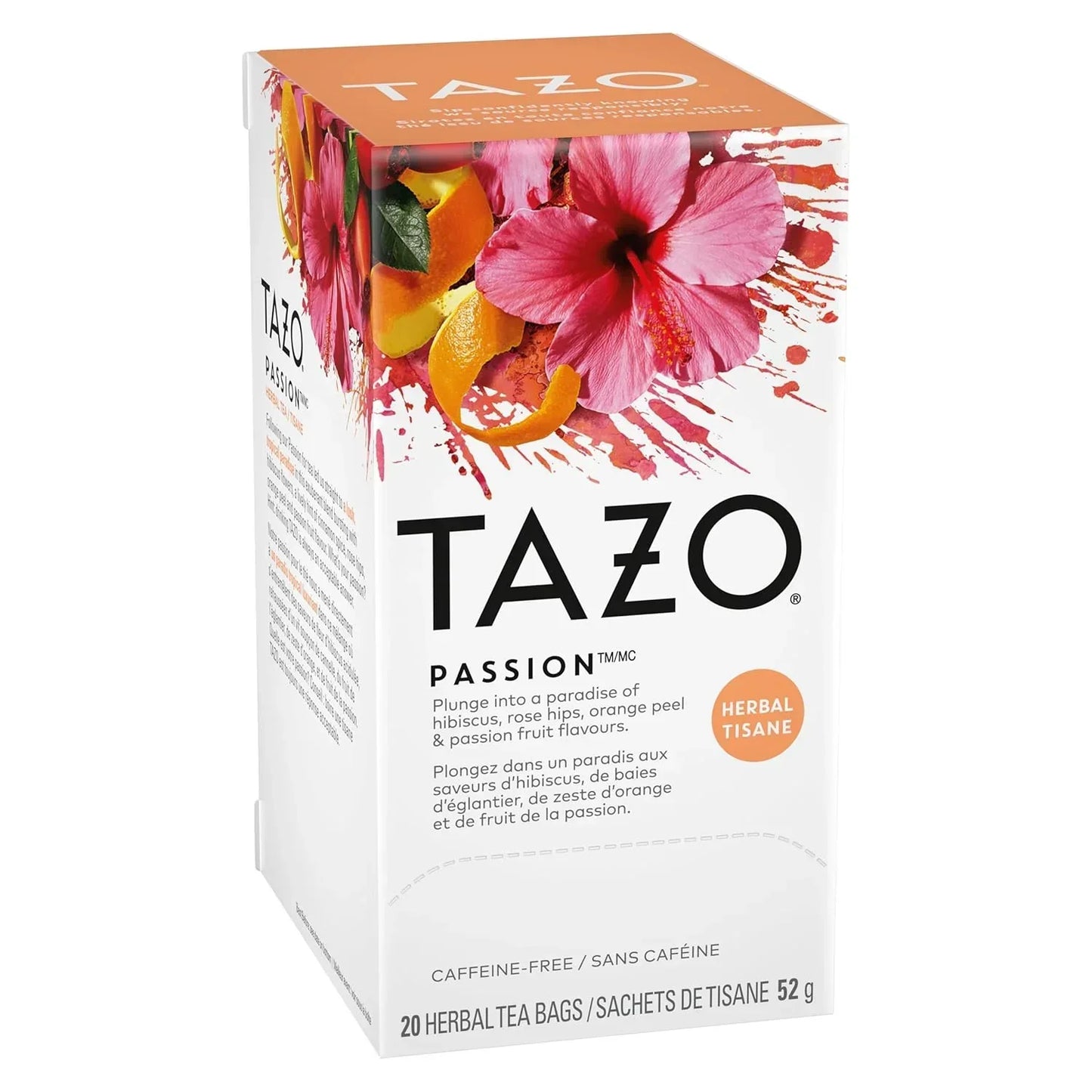 Tazo Passion herbal tea box with hibiscus, orange peel & passion fruit flavors, caffeine-free, 20 tea bags