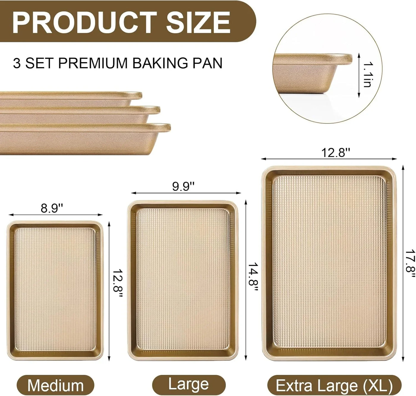 Baking Sheet Pan Set of 3 | Nonstick Cookie Sheets for Baking Supplies | No Rust & No Toxic Carbon Steel Half Sheet Pan+Jelly Roll Pan+Quarter Sheet Pan Set | Heavy Duty Baking Tray for Oven