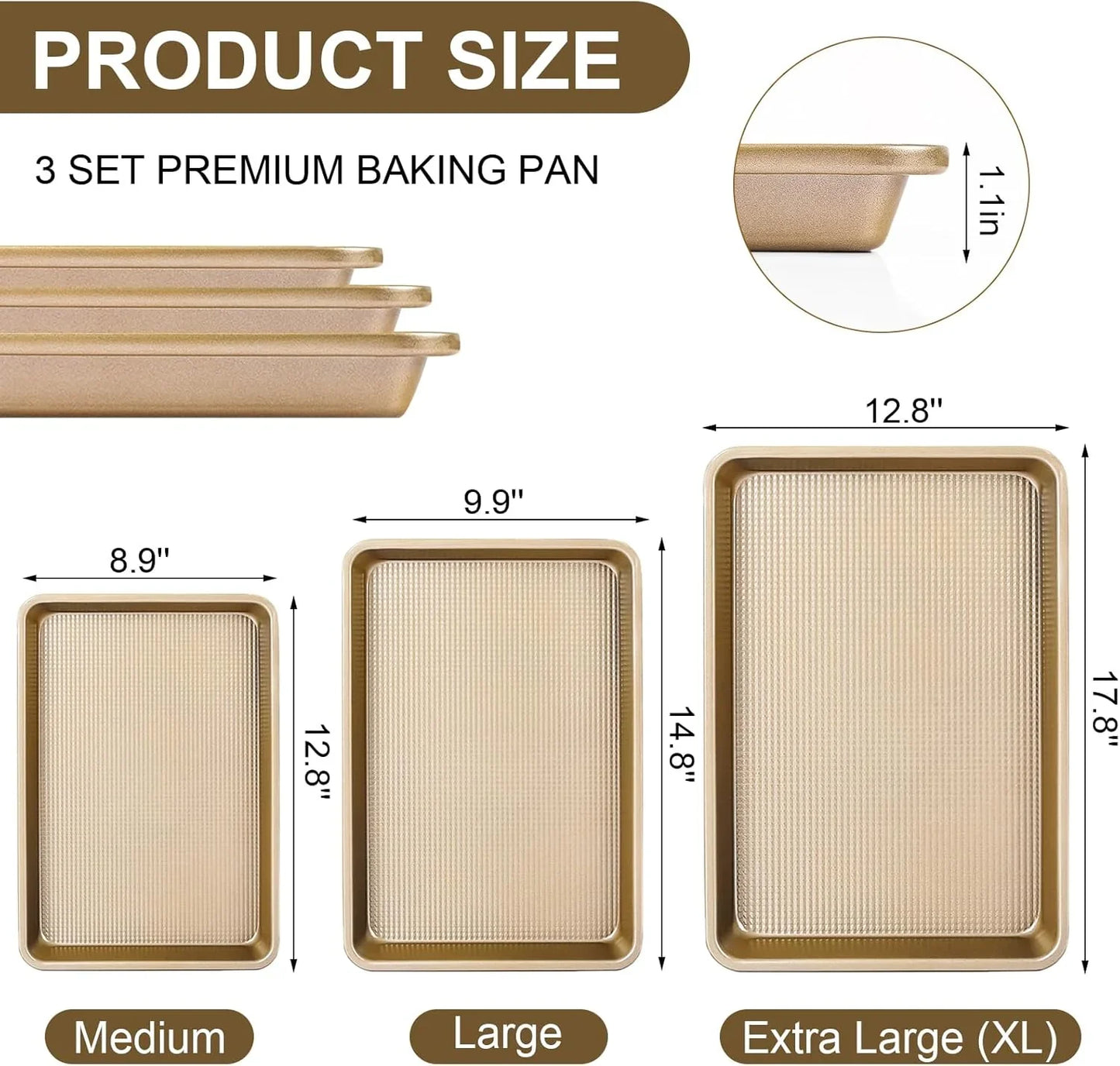Baking Sheet Pan Set of 3 | Nonstick Cookie Sheets for Baking Supplies | No Rust & No Toxic Carbon Steel Half Sheet Pan+Jelly Roll Pan+Quarter Sheet Pan Set | Heavy Duty Baking Tray for Oven