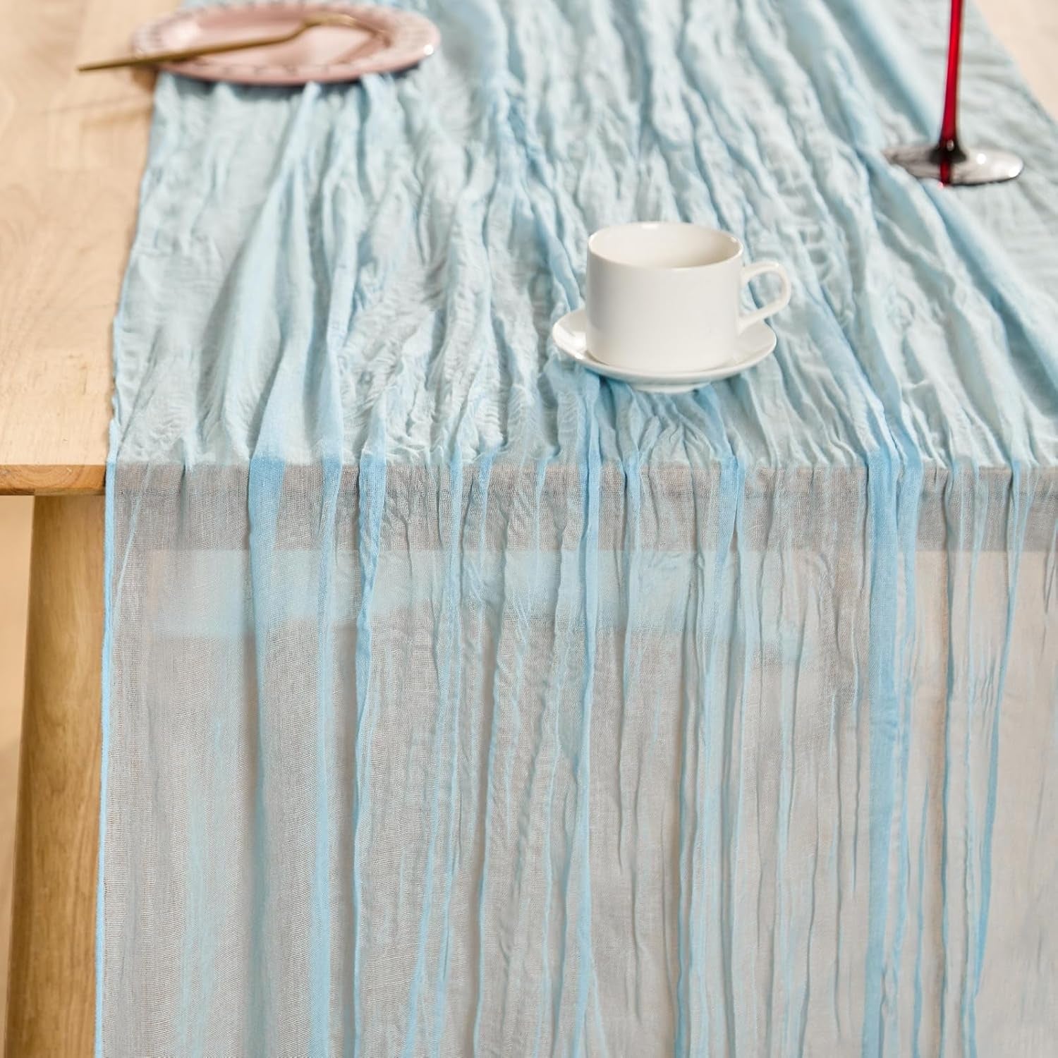 10 Pack Baby Blue Spring Table Runner Boho Cheesecloth Table Runners Bulk 10 Ft Gauze Sheer Mother'S Day Table Centerpieces for Wedding Ceremony Anniversary Bridal Baby Shower Banquet