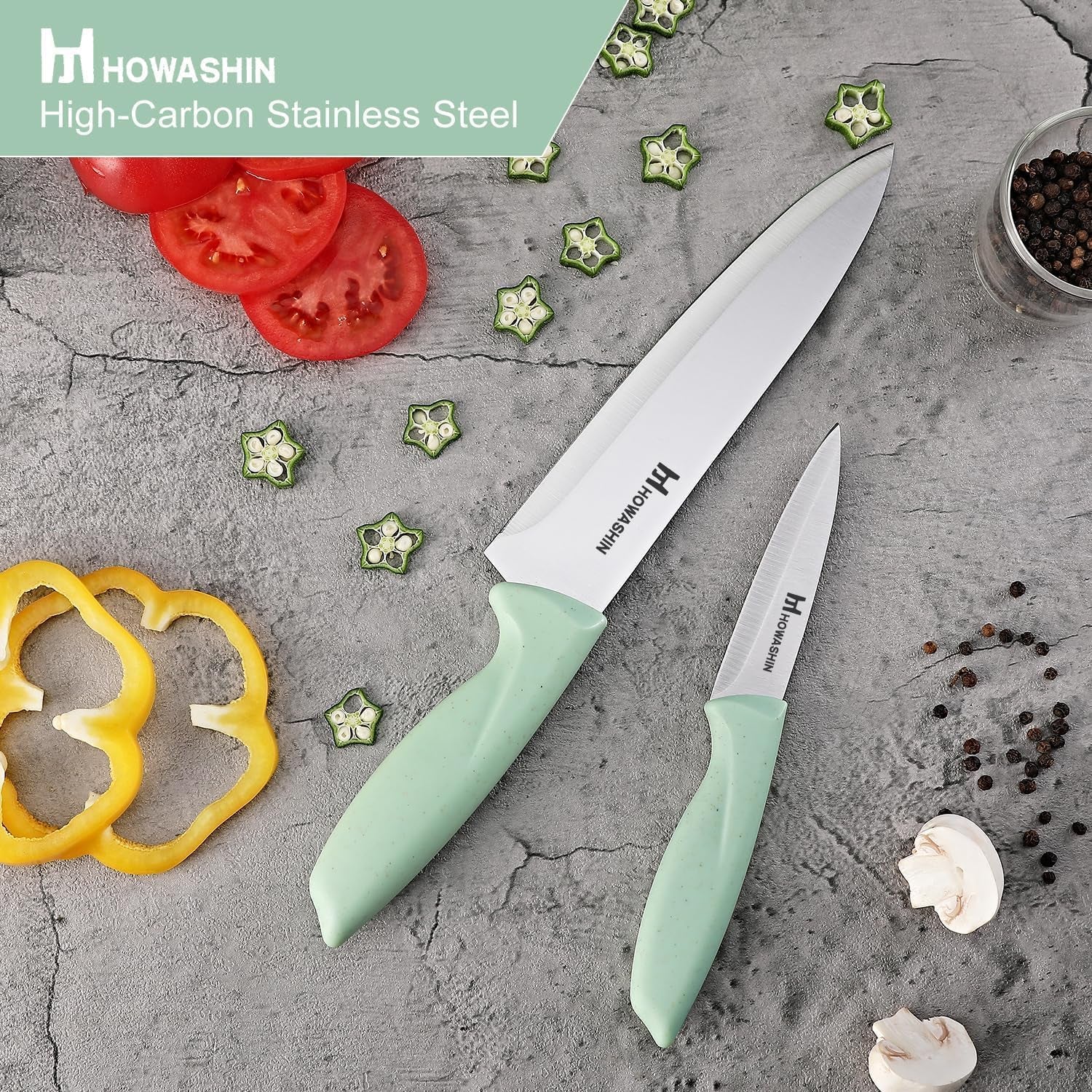 Knife Set,  15 Pieces Kitchen Knife Set with Built in Knife Sharpener, High Carbon German Stainless Steel Knife Block Set, Hand Wash Safe Knives Set, Green