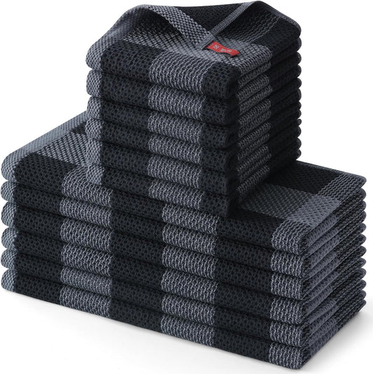 Kitchen Towels and Dishcloths Set, 12 X 12 and 13 X 28 Inches, Set of 12 100% Cotton Waffle Weave Check Plaid Kitchen Dish Towels, Super Soft and Absorbent Dish Cloths, Black & Grey