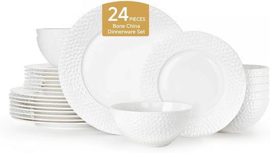 Bone China Dinnerware Set, 24-Piece White Porcelain Tableware for 8, Hammered Rim Plates and Bowls, Microwave and Dishwasher Safe, Elegant Dish Set for Wedding, Family & Restaurant