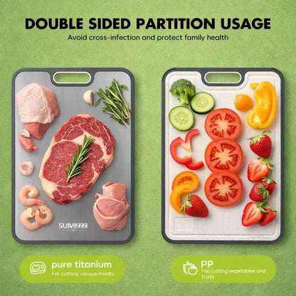 Double-sided cutting board for meats and veggies, pure titanium and PP surfaces, prevents cross-contamination