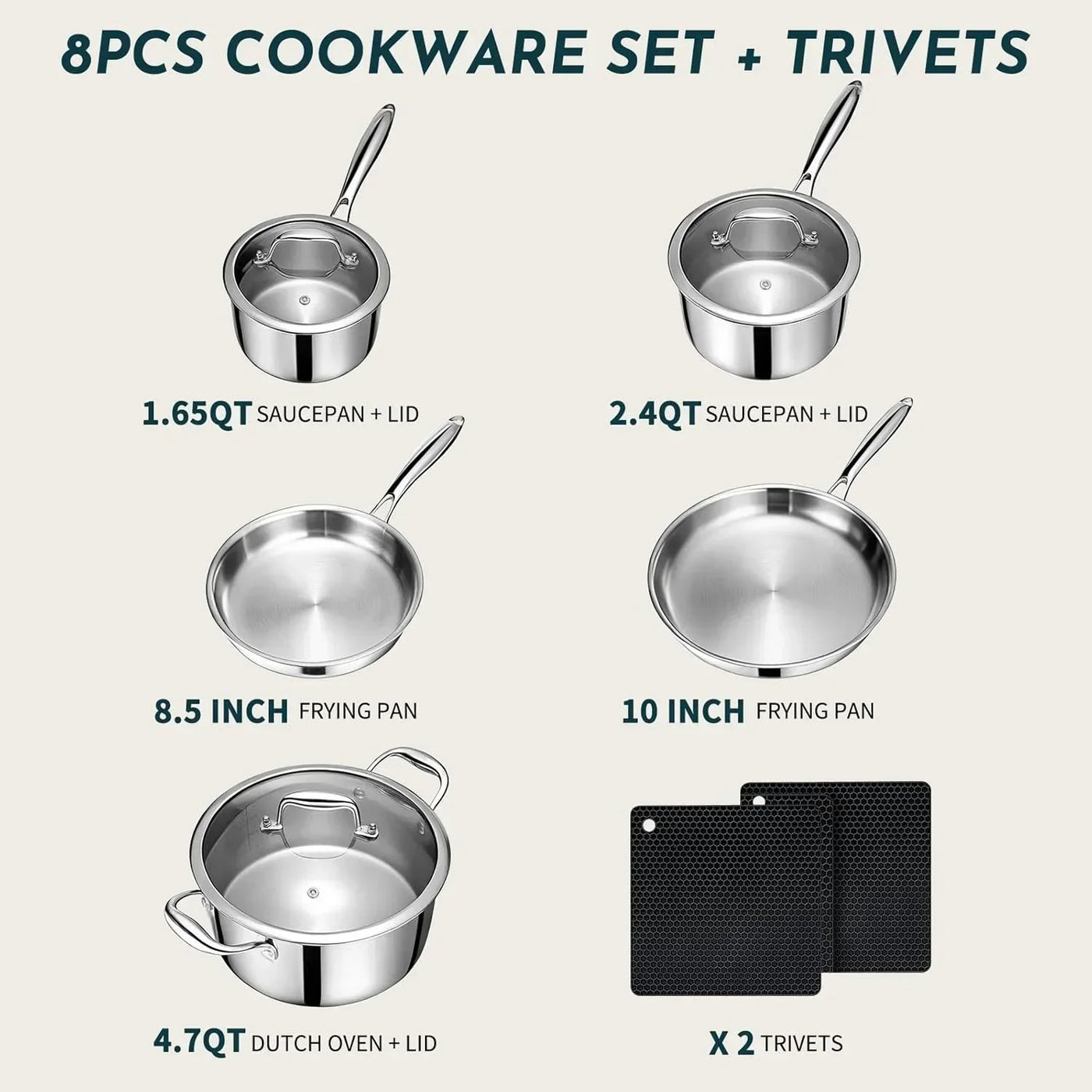 8-piece stainless steel cookware set with saucepans, frying pans, Dutch oven, and trivets for kitchen essentials