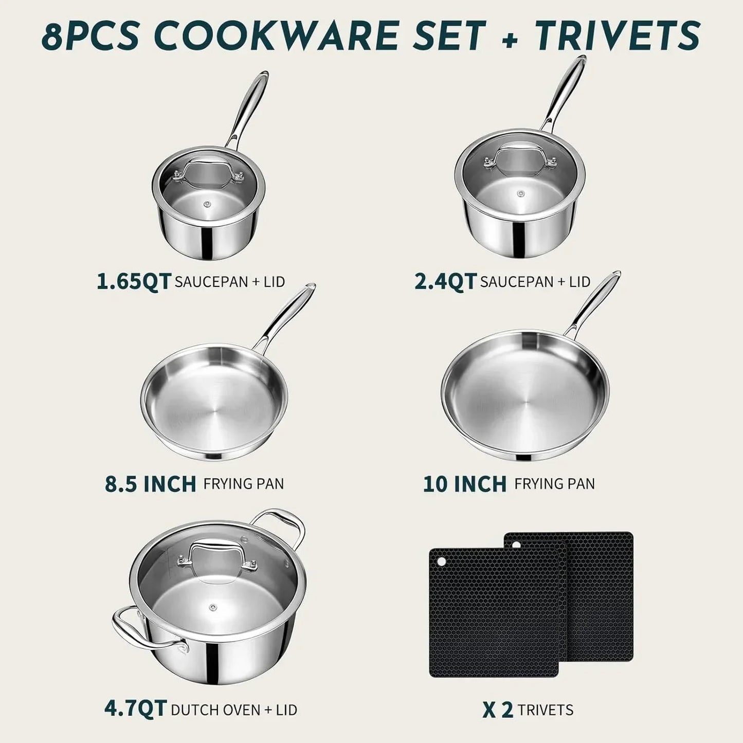8-piece stainless steel cookware set with saucepans, frying pans, Dutch oven, and trivets for kitchen essentials