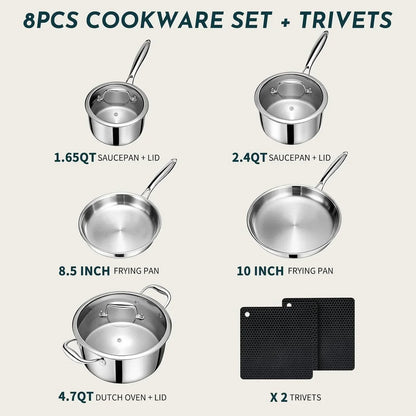 8-piece stainless steel cookware set with saucepans, frying pans, Dutch oven, and trivets for kitchen essentials