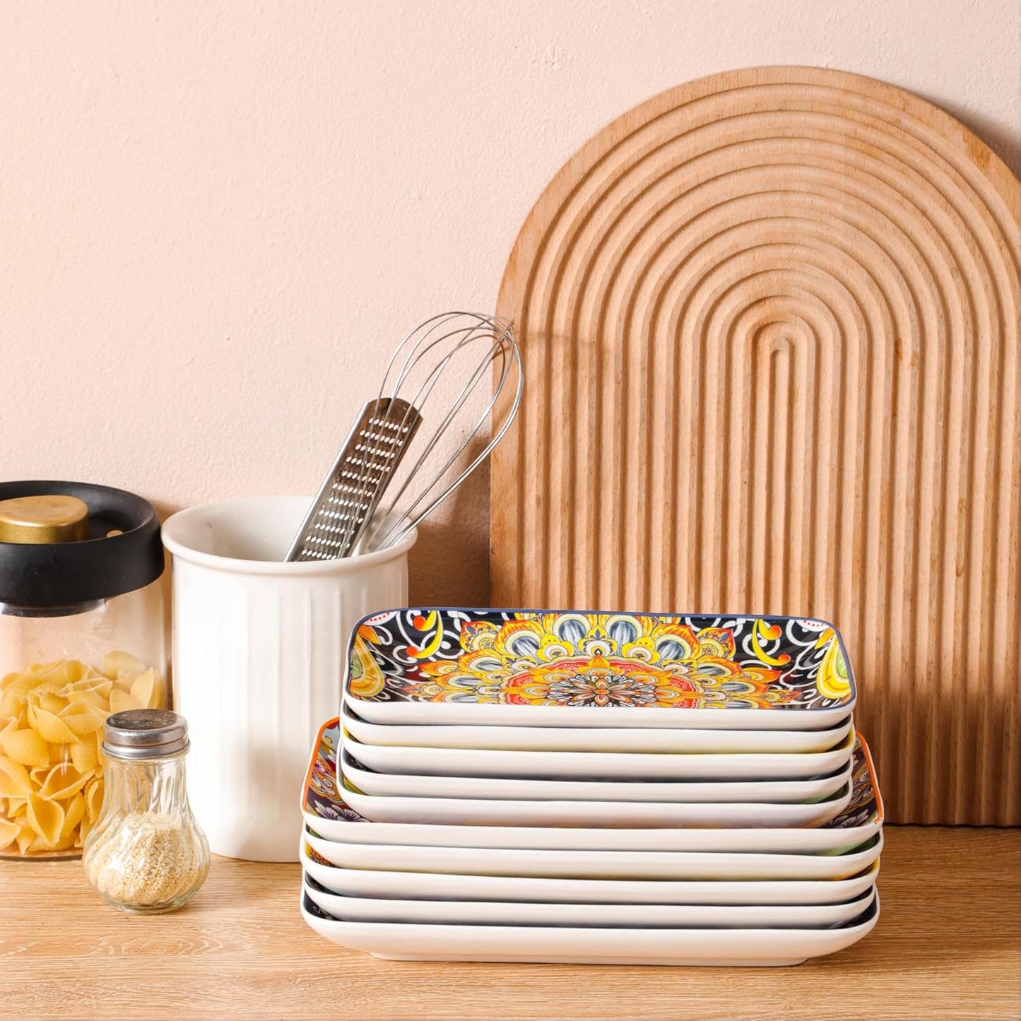6-Piece Ceramic Salad Plates Set - 8 Inch, Rectangular Dessert Plates for Sushi, Appetizer, Cake - Microwave & Oven Safe, Porcelain Plates for Kitchen Decor