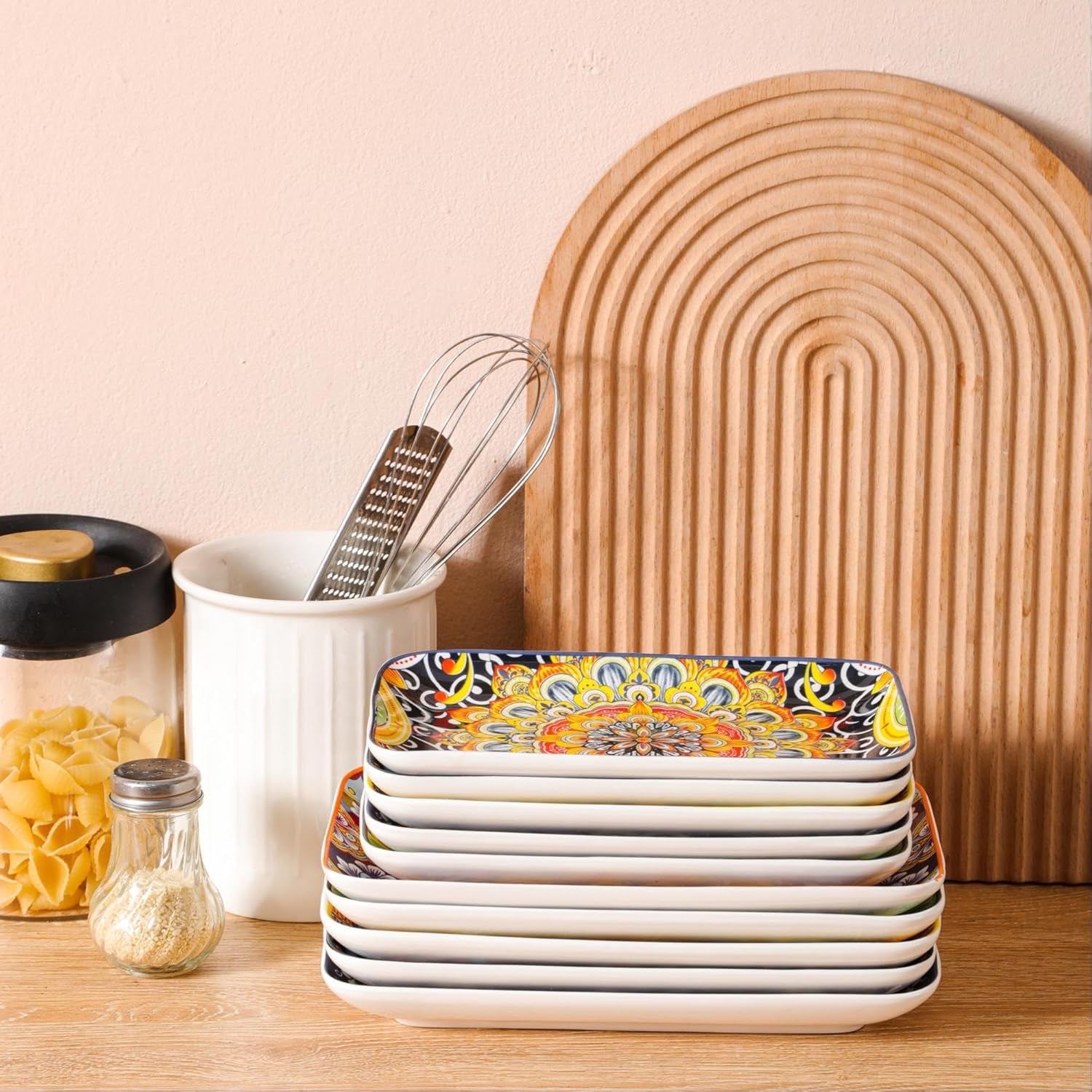 6-Piece Ceramic Salad Plates Set - 8 Inch, Rectangular Dessert Plates for Sushi, Appetizer, Cake - Microwave & Oven Safe, Porcelain Plates for Kitchen Decor