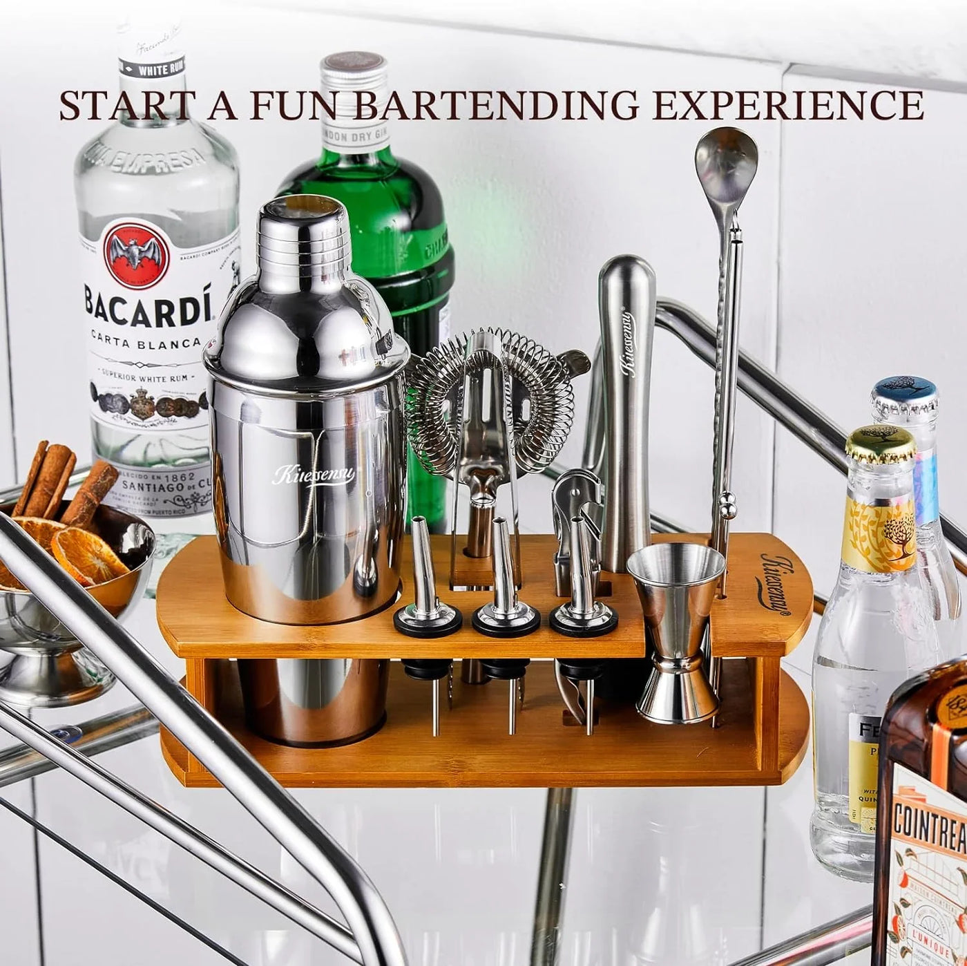 Cocktail Shaker Set Bartender Kit with Stand | Bar Set Drink Mixer Set with All Essential Accessory Tools: Martini Shaker, Jigger, Strainer, Mixer Spoon, Muddler, Liquor Pourers |Silver
