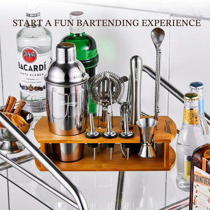 Cocktail Shaker Set Bartender Kit with Stand | Bar Set Drink Mixer Set with All Essential Accessory Tools: Martini Shaker, Jigger, Strainer, Mixer Spoon, Muddler, Liquor Pourers |Silver