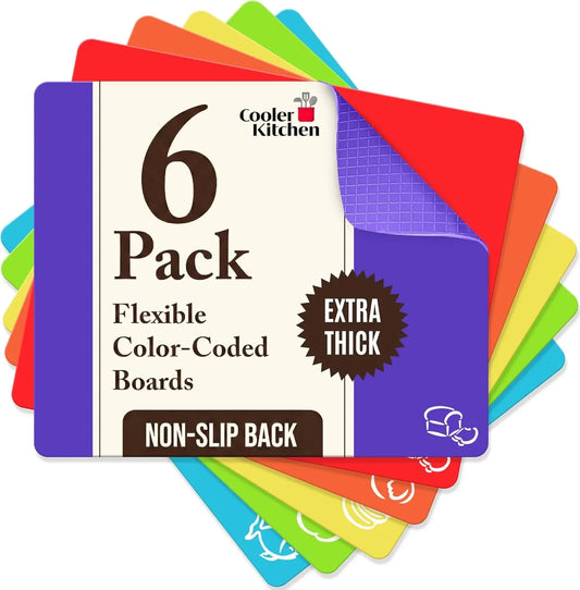 Extra Thick Flexible Plastic Cutting Board Mats Set of 6 for Kitchen, Non-Porous, Non-Slip Waffle Back, Color Coded with Food Icons, Dishwasher Safe, 12 X 15 Inch -
