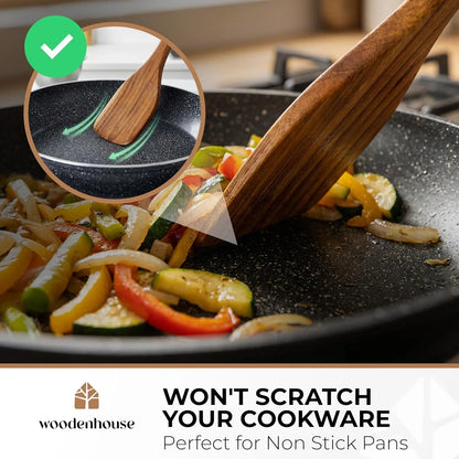 Wooden Spoons for Cooking 13 Pcs – Sturdy & Easy to Clean, Natural Teak Wooden Utensil Set – Non-Scratch Wood Kitchen Utensils Set with Spatula, Ladle, Spoons, Tongs, Whisk, Holder, Spoon Rest & Hooks