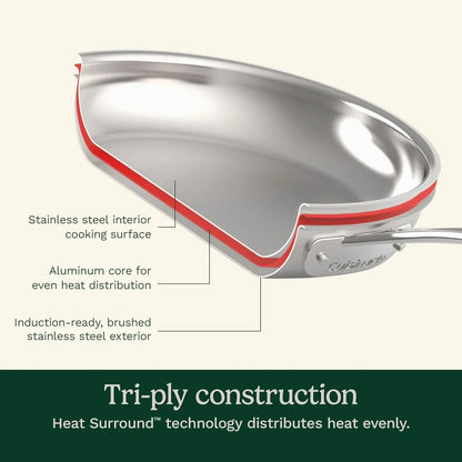 Tri-ply stainless steel skillet with aluminum core for even heat distribution, induction-ready cookware